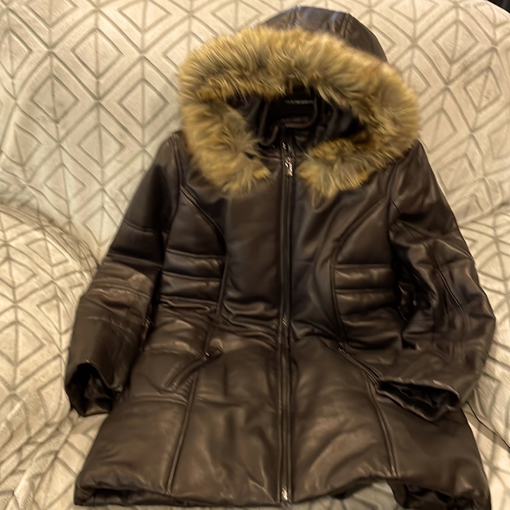Leather jacket with hood and pockets
